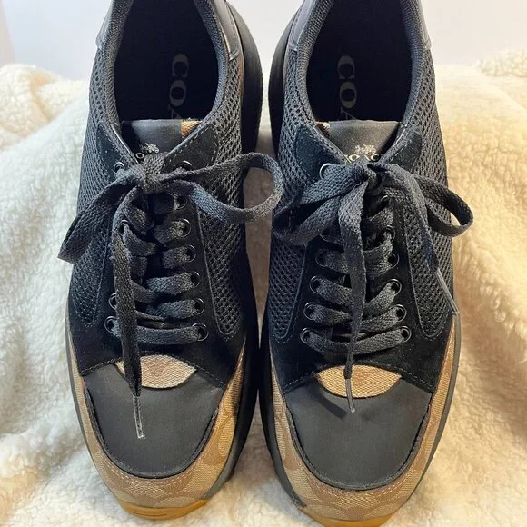 Coach Men's Tech Runner Sneakers FG4591 Size 10D | Signature Black Mesh & Tan - Picture 2 of 16